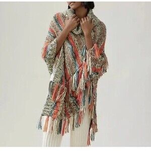 by Anthropologie Tasseled Turtleneck Poncho, one size, fringe, bohemian